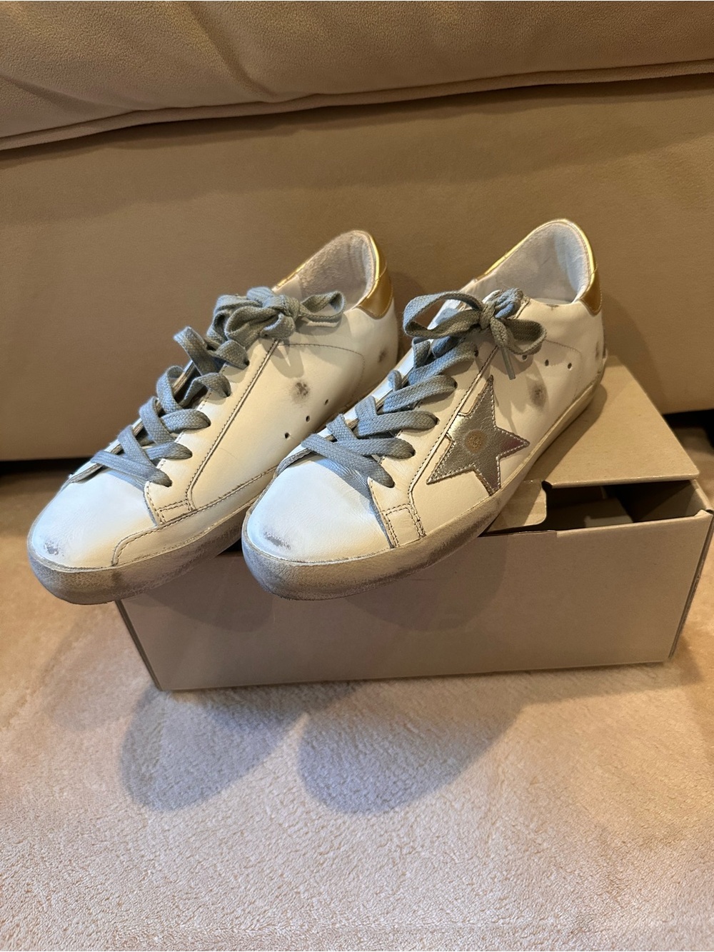 Golden Goose Super-Star Sneakers White Silver Gold Size 37 EU / US 7 NIB